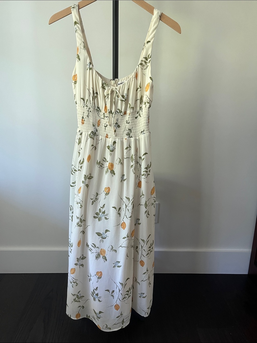 Reformation Cream Dress with Green and Yellow citrus Floral Print